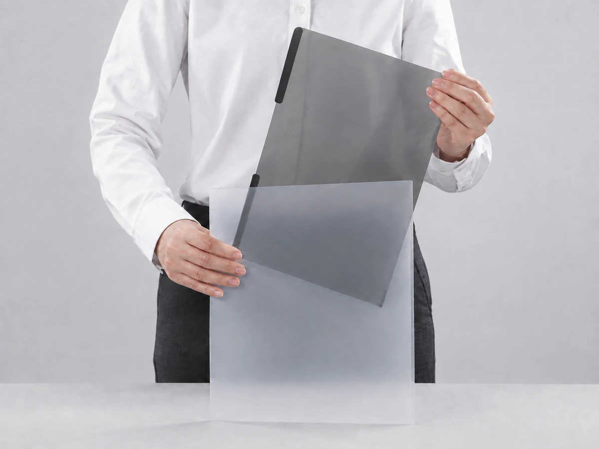 Hands guiding a privacy filter into a separate translucent protective folder.