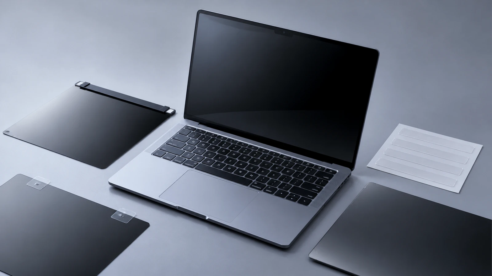 Laptop privacy filter options arranged around a laptop for attachment review