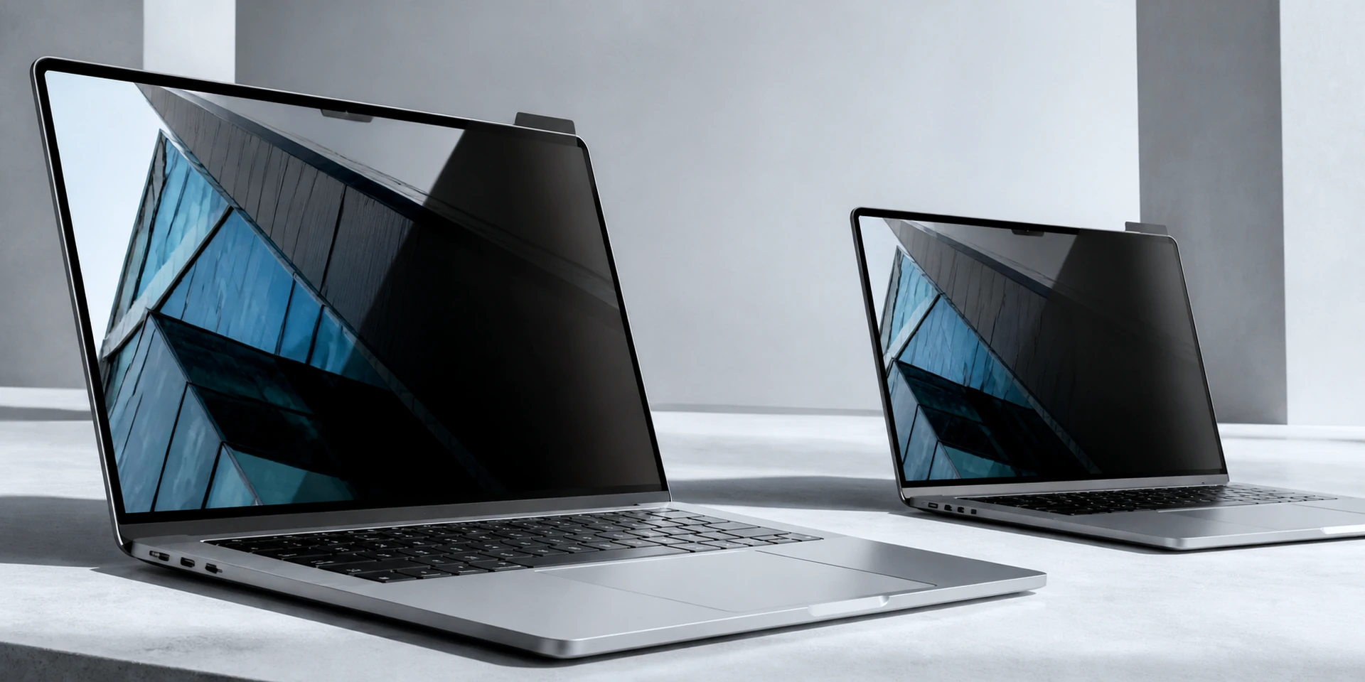 Two unbranded business laptops with thin removable privacy filters