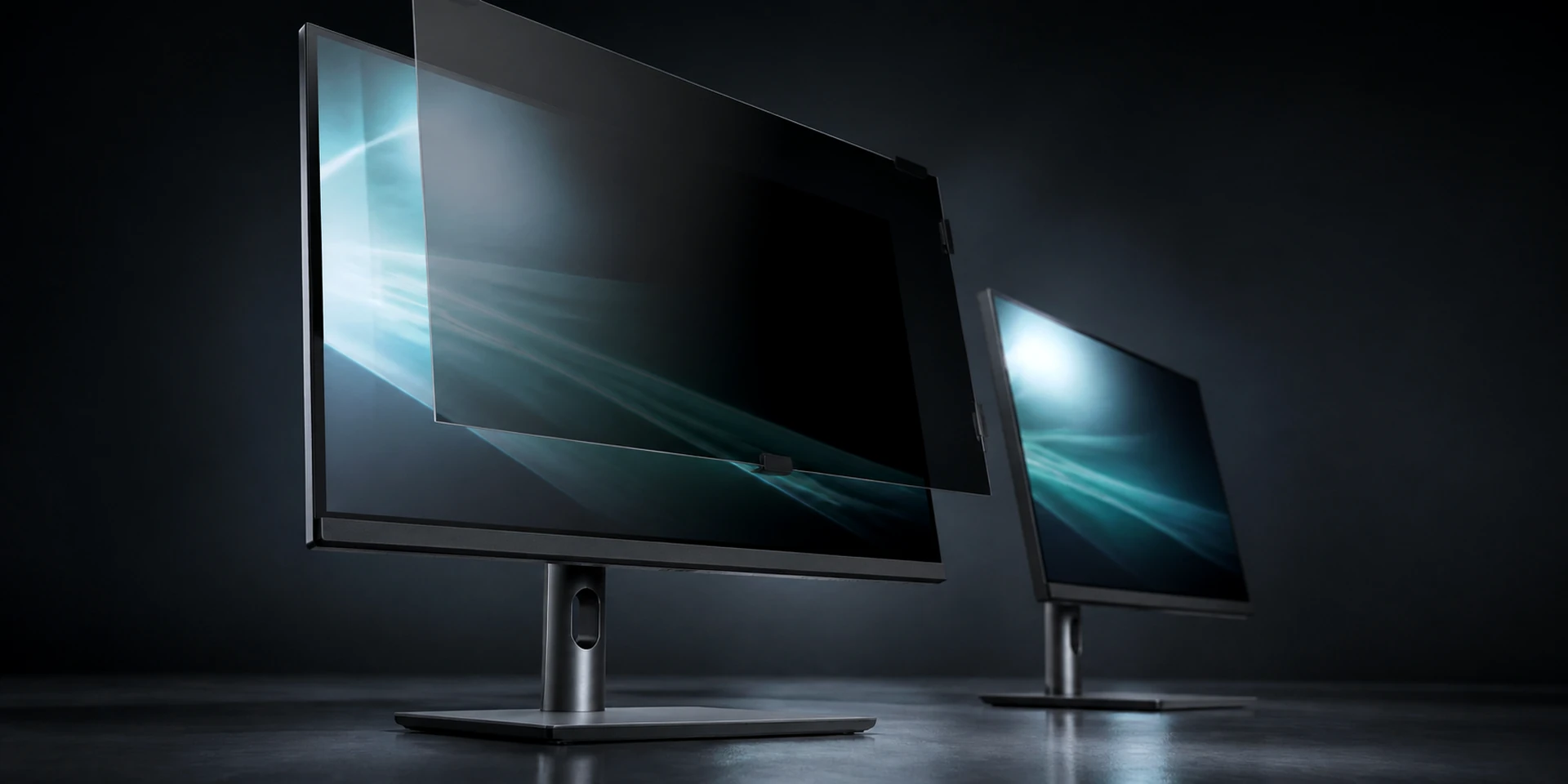 Two unbranded desktop monitors shown with removable dark privacy filter layers
