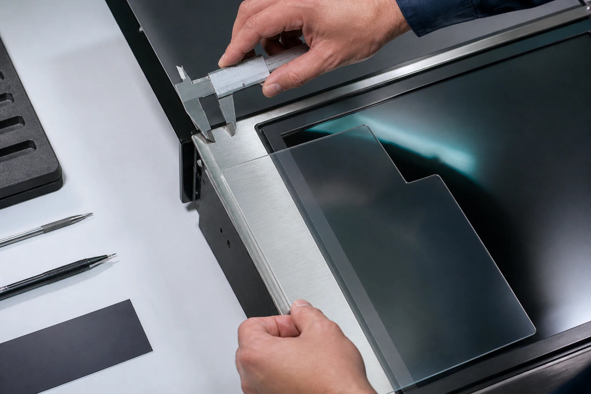 Technician measuring an industrial display opening beside a transparent custom filter template