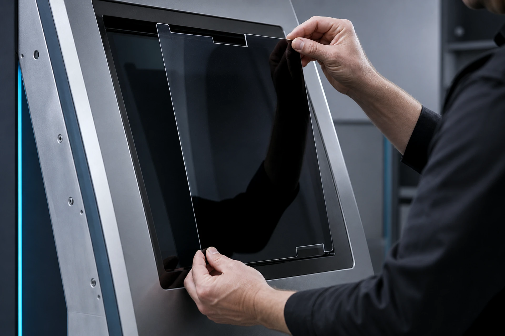 Technician aligning a custom-shaped privacy filter with an unbranded kiosk display