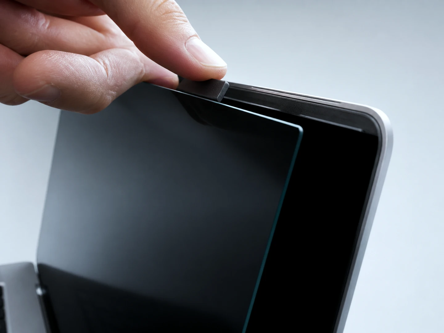 Hand lifting a privacy filter from the magnetic top edge of an unbranded laptop display