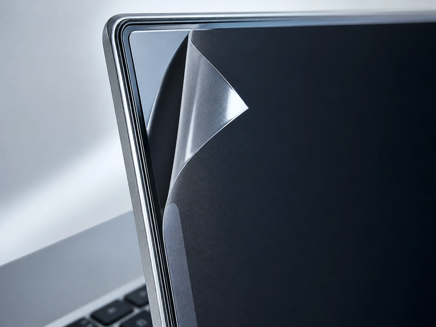 Close view of a privacy filter corner lifted from a flush-contact laptop display surface