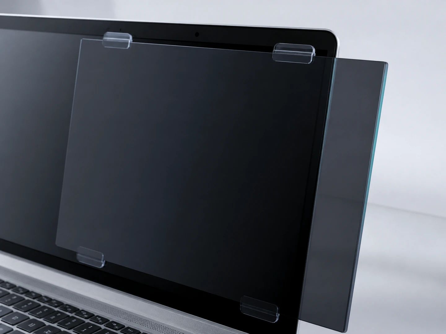 Privacy filter sliding into transparent guide tabs around an unbranded laptop display