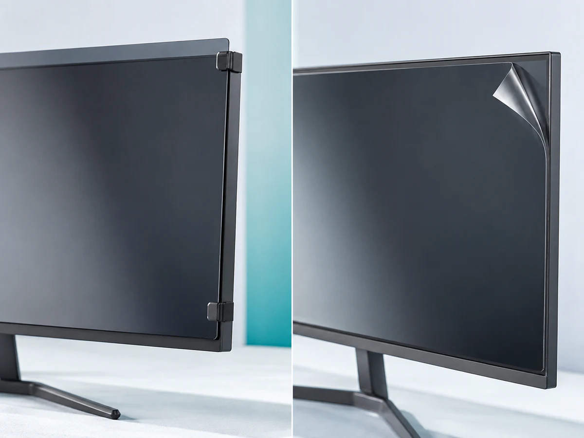 Two monitor privacy filter details showing edge clips and a separate flush adhesive attachment