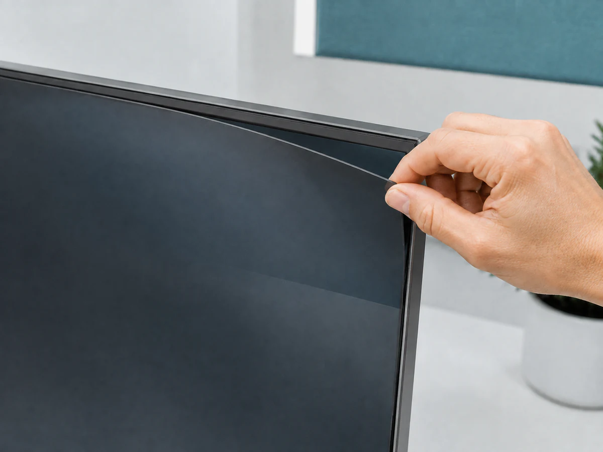 Hand lifting the corner of a thin monitor privacy filter from a dark magnetic edge strip