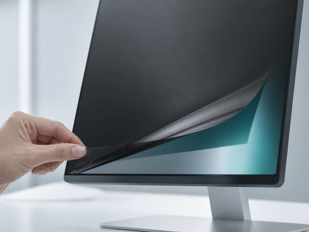 Thin privacy film lifted slightly from the glass surface of a desktop monitor