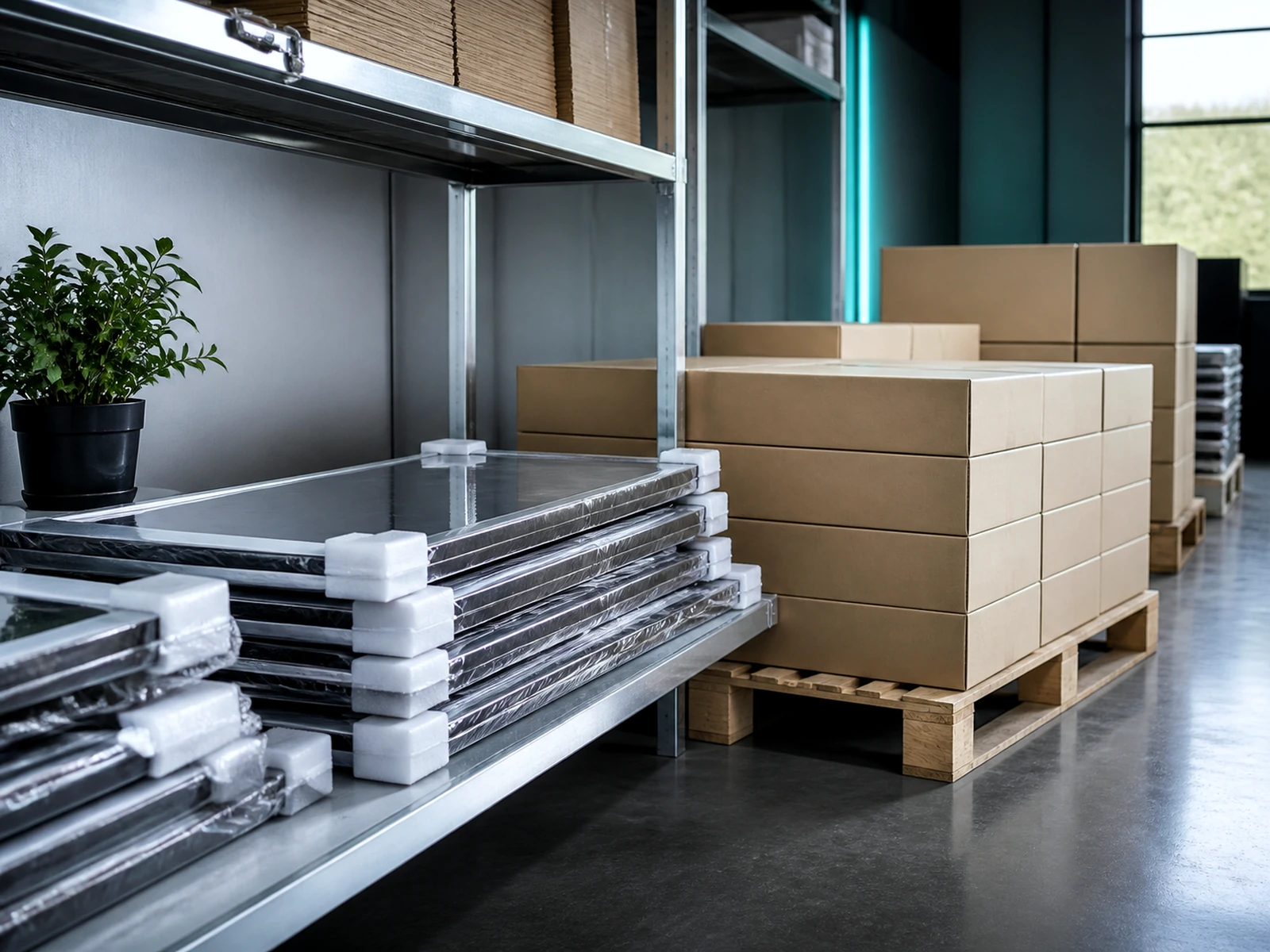 Wrapped flat screen-filter packages and blank cartons arranged in a clean dispatch area