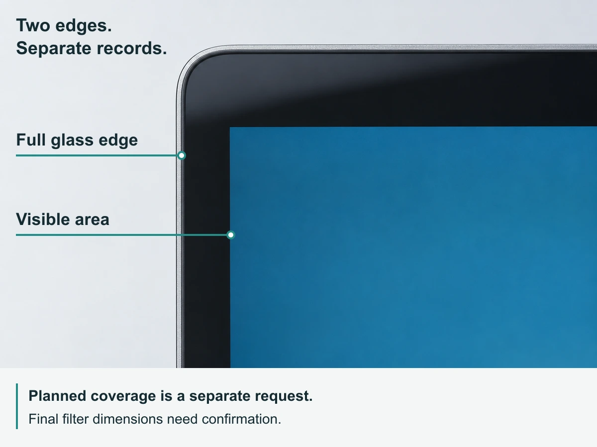 A close-up distinguishes the illuminated visible area from the full glass edge, with planned coverage recorded separately.