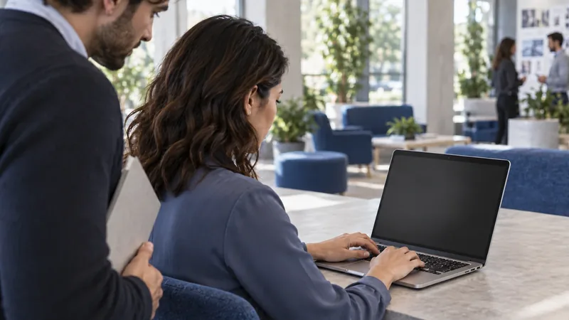 A seated laptop user and a nearby colleague, with the screen appearing dark from an oblique view.