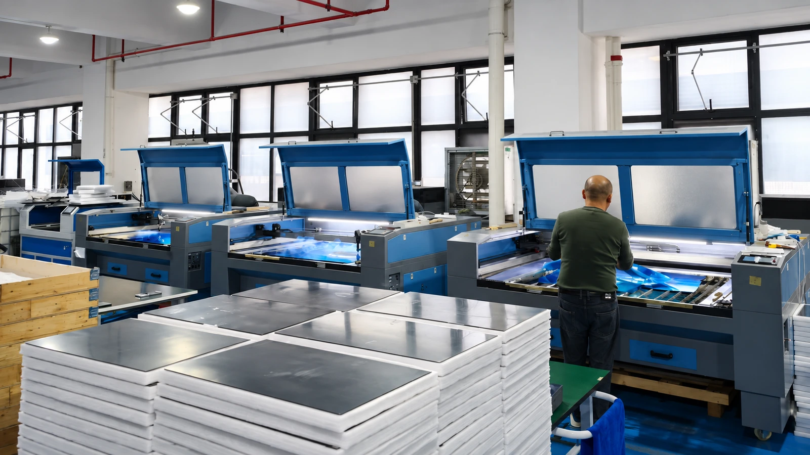 An operator works beside open processing equipment and stacked sheet materials in a factory.