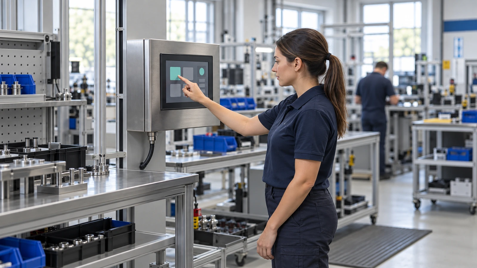 An operator touches an embedded industrial display beside an assembly workstation.