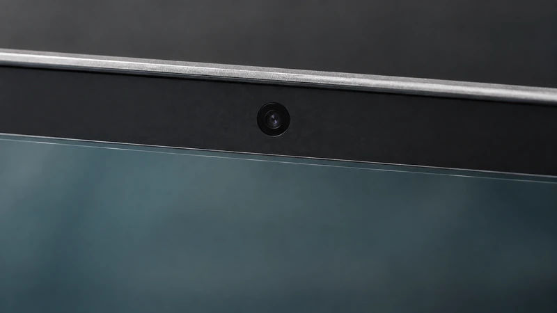 Close-up of a laptop camera above the straight upper edge of a thin screen filter.